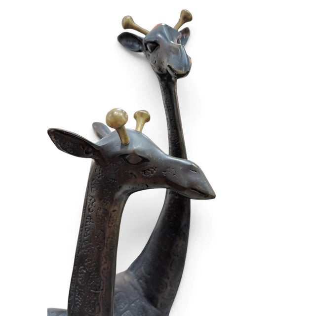 A lovely pair of graceful bronze giraffe sculptures. Featuring exquisitely etched patches with a light patina and brass...