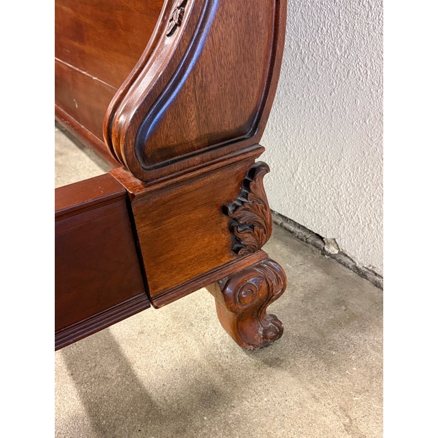 Wood Queen Size Empire Revival Style Carved Mahogany Sleigh Bed Frame For Sale - Image 7 of 12