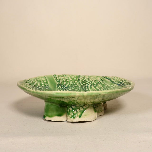 Late 20th Century Late 20th Century Signed Wabi Sabi Studio Pottery Sculptural Green Abstract Pattern Textured Pedestal Bowl For Sale - Image 5 of 16