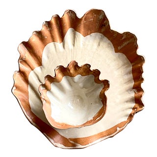 Vintage Coastal Signed Studio Pottery Ruffle Bowl Set For Sale