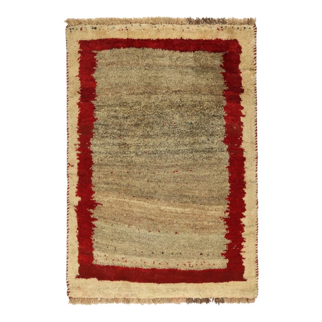 1950s Vintage Gabbeh Tribal Rug in Beige-Brown Open Field With Red Border For Sale