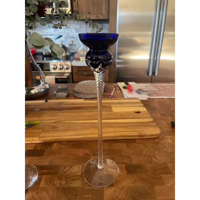 Blue Romanian Cobalt Blue Glass Candleholders: Handcrafted Crystal Set For Sale - Image 8 of 9