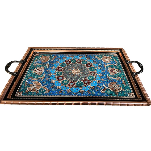 Hand Carved Floral Center Design Copper Tray with Handles For Sale - Image 5 of 10