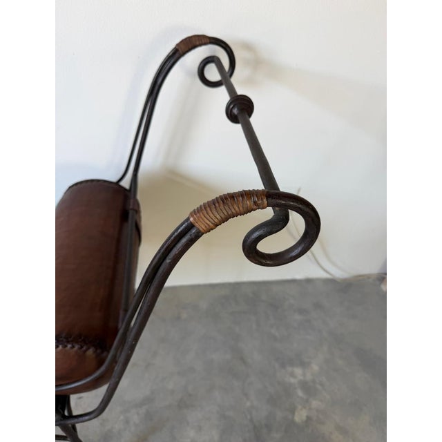 Vintage Rustic Wrought Iron & Leather Scroll Bench For Sale - Image 16 of 16