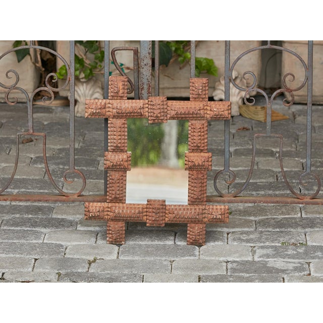 Petite Turn of the Century French Brown Tramp Art Mirror with Protruding Corners For Sale In Atlanta - Image 6 of 12