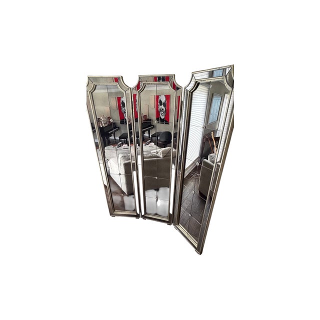 Glass Hollywood Regency Venetian Mirrored Screen Room Divider 3 Panel Silver Gilt For Sale - Image 7 of 10