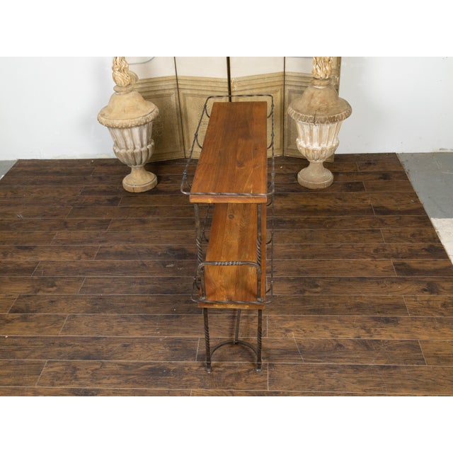 American Midcentury Metal and Wood Two-Tiered Shelving Unit with Twisted Motifs For Sale - Image 9 of 12