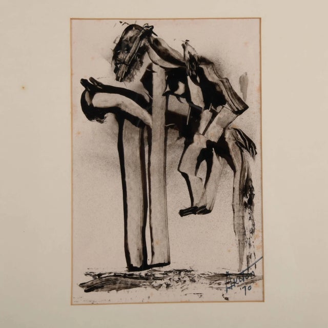 This framed 1970 acrylic on paper by J. Akston, titled "Man of La Mancha", offers a haunting, expressionistic portrayal of...