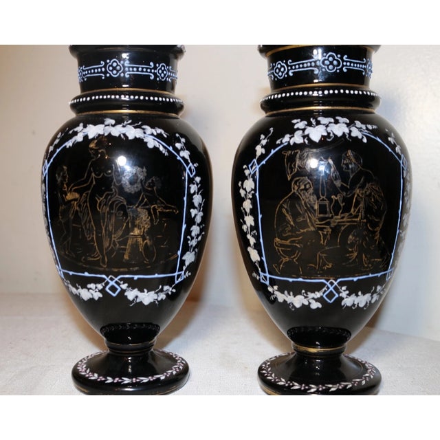 Boho Chic Pair of 2 Antique Handmade Bohemian Enameled Black Amethyst Glass Etched Vases For Sale - Image 3 of 12