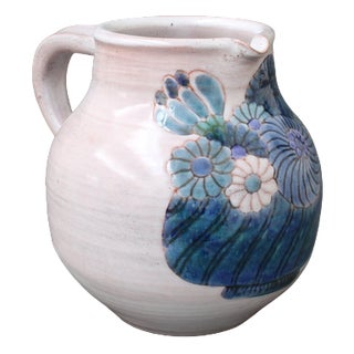 French Ceramic Pitcher with Flower Motif by the Cloutier Brothers, 1970s For Sale