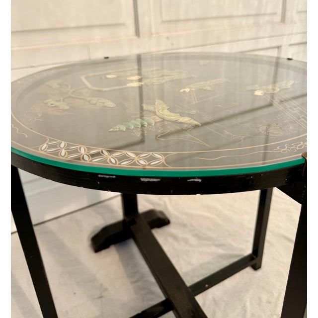Black Vintage Asian Black Lacquer Folding Tray Table With Applied Carved Stone Figural Scene For Sale - Image 8 of 12