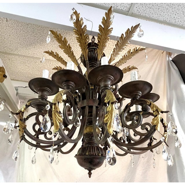 Mid 20th Century Monumental Vintage Hollywood Regency Tole and Crystal Teardrop 12-Arm Chandelier For Sale - Image 5 of 13