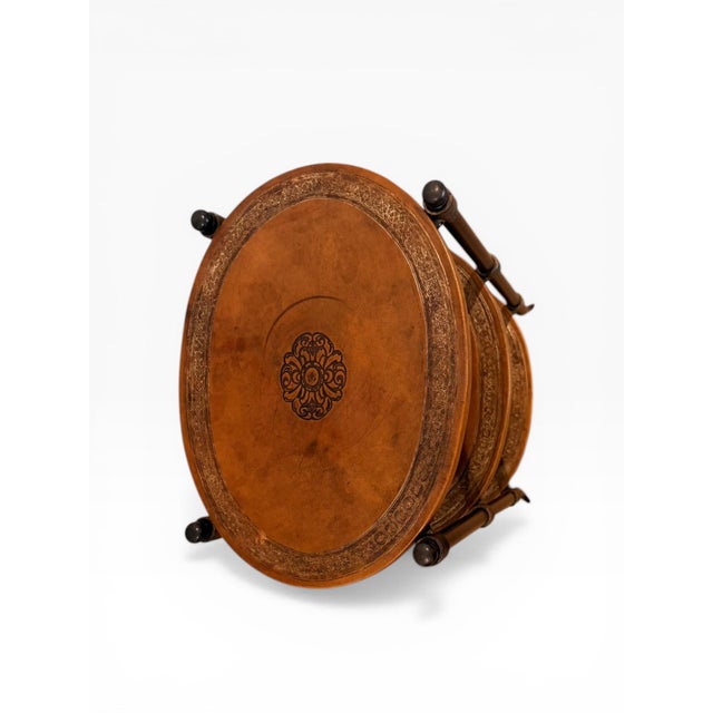 Late 20th Century Leather-Wrapped & Iron Three-Tier Oval Side Table, Made in India For Sale - Image 4 of 10