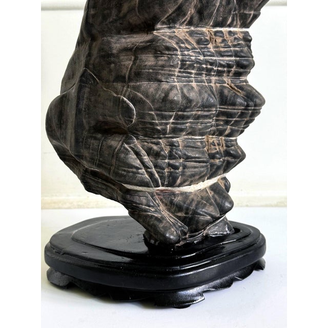 Rare Chinese Antique Black and White Lingbi Scholar Stone on Display Stand For Sale - Image 10 of 18