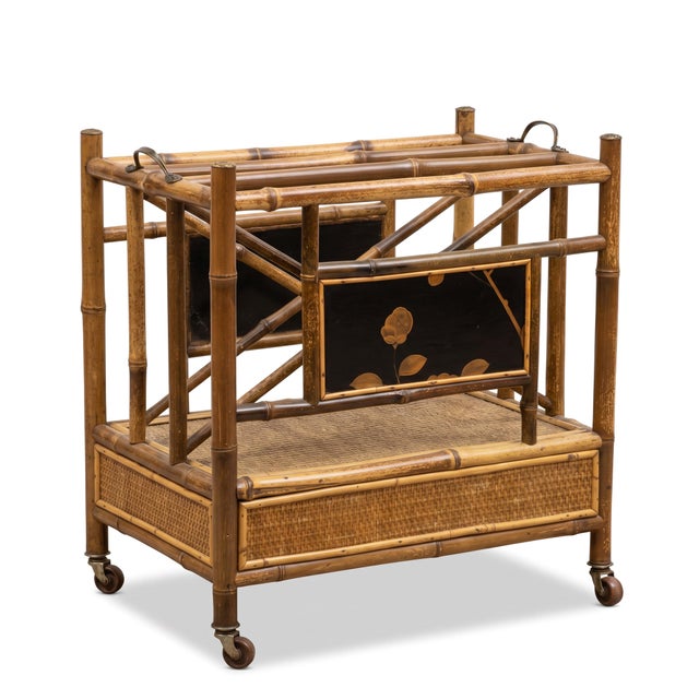 Wood 19th-C. English Burnt Bamboo & Grasscloth Chinoiserie Magazine Rack or Canterbury For Sale - Image 7 of 8