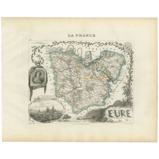 Map of Eure in France with Evreux, Poussin and Normandy Countryside, 19th Century For Sale