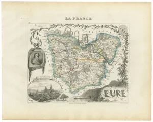 Map of Eure in France with Evreux, Poussin and Normandy Countryside, 19th Century