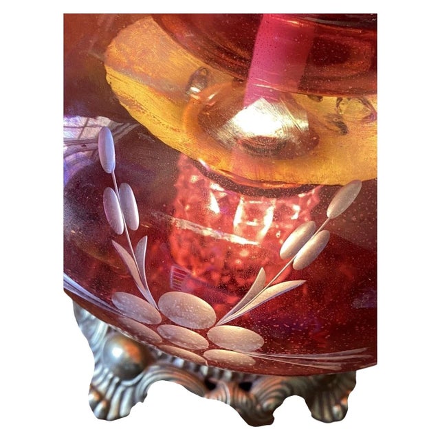 1970s Hollywood Regency Cut Ruby Glass & Crystal Prism Globe Table Lamp Light Up Base For Sale - Image 11 of 12