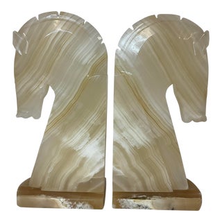 Vintage Large Scale Hand Chiseled Onyx Marble Horse Bookends - a Pair. For Sale