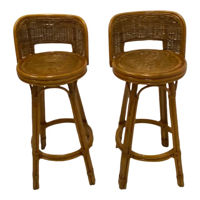 Mid Century Modern Woven Rattan Barstools - a Pair For Sale