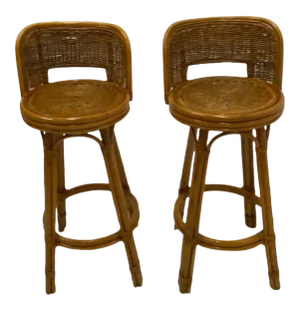 Mid Century Modern Woven Rattan Barstools - a Pair