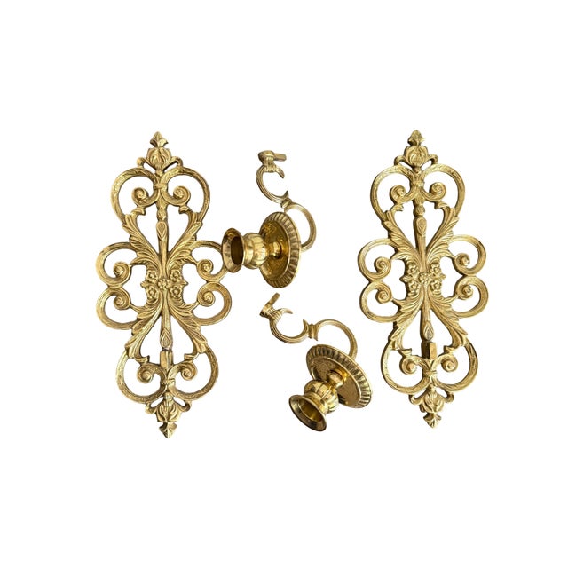 Vintage Solid Brass Baroque Wall Sconces Pair -W/ Detachable Holders Heavyweight Made in India For Sale - Image 9 of 12
