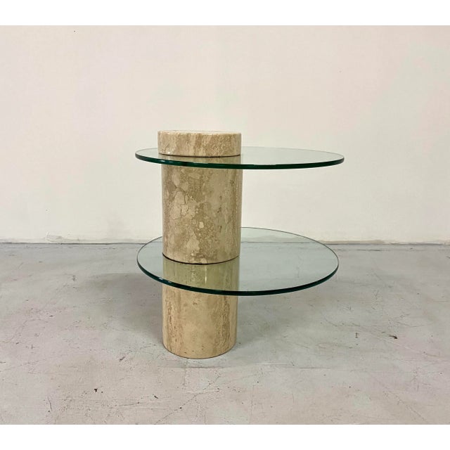 1980s Italian Travertine Rotating Tiered Glass Side Table For Sale - Image 4 of 9