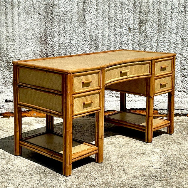 Late 20th Century Vintage Coastal Woven Rattan Writing Desk For Sale - Image 5 of 8