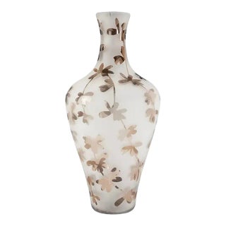 1990s Frosted Smoke Art Glass Mirror Optic Modern Floral Pattern Vase For Sale