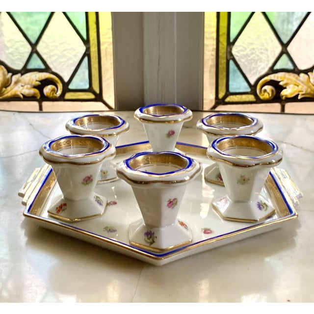 French Blue and Gold Soft-Boiled Porcelain Egg Service, Limoges, France, 1928, Set of 7 For Sale - Image 13 of 17