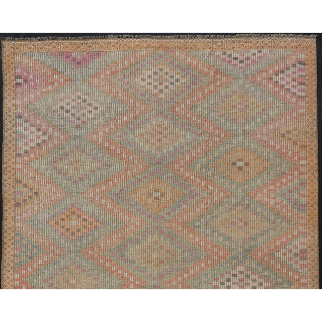 Mid 20th Century Vintage Turkish Kilim Rug With Peach, Sage, Gold and Soft Pink Diamonds 5'11 X 10'0 For Sale - Image 5 of 15