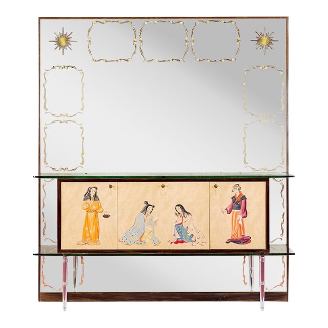 1950s Mid Century Italian Mirror Bar Cabinet Sideboard With Asian Motif For Sale