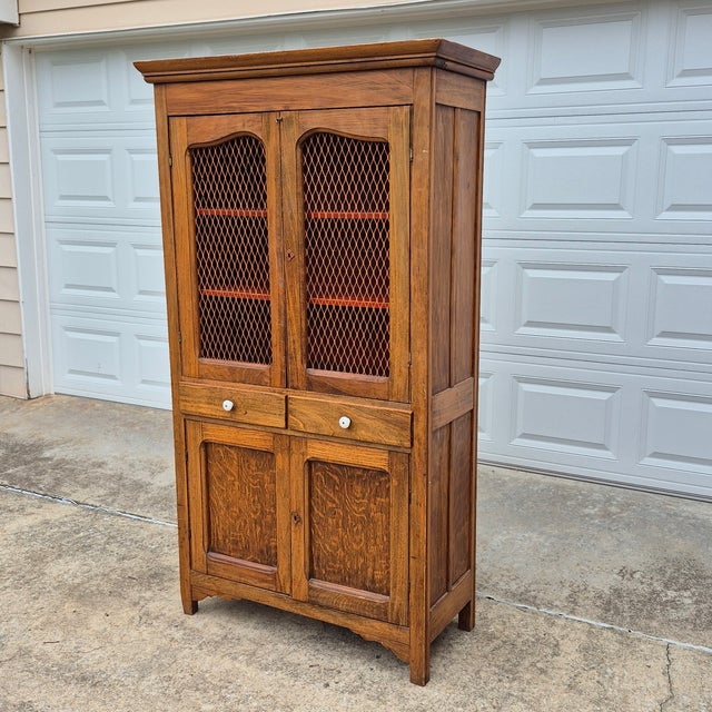 19th Century Antique Primitive Tall Screened Door Oak Pie Safe Jelly Cupboard Storage Cabinet For Sale - Image 17 of 17