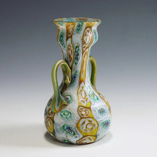 Antique Millefiori Vase in Brown, Green and White, Fratelli Toso Murano 1910 An antique Millefiori murrine glass vase...