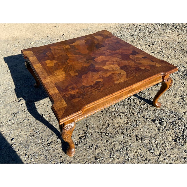 1980s Vintage Mid Century Modern French Provincial Parquetry Burl Wood Coffee Table For Sale - Image 5 of 18