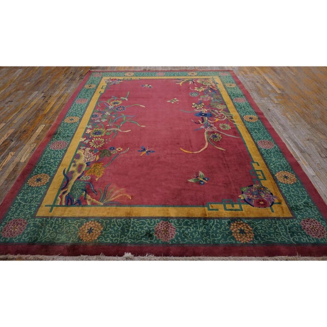 Art Deco 1920s Fuschia Open Field Floral Modern Antique Chinese Art Deco Knotted Wool Rug For Sale - Image 3 of 10