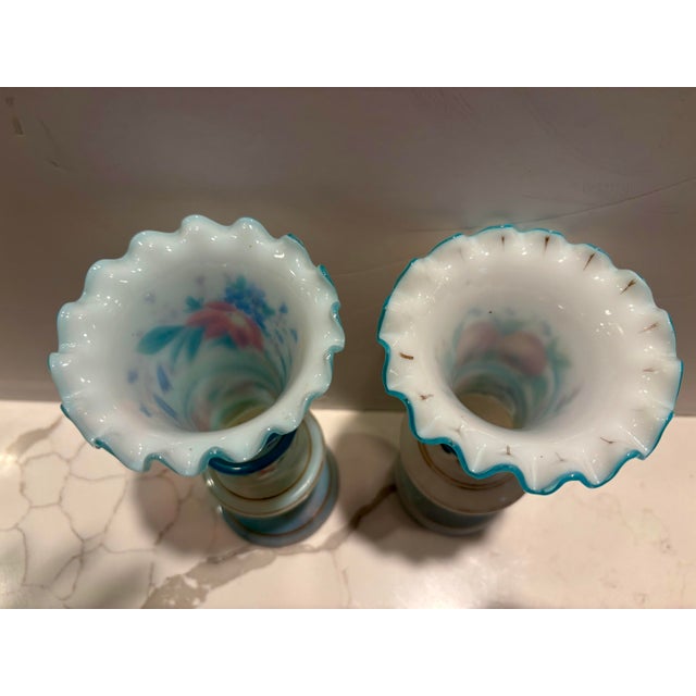 Victorian Antique White Opaline Vases With Fruit, Flowers, and Glass Applied Snakes - A Pair For Sale - Image 3 of 11