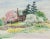 Lovely watercolor landscape of a rural scene with a Victorian brick house and blooming trees in spring by Canadian artist...