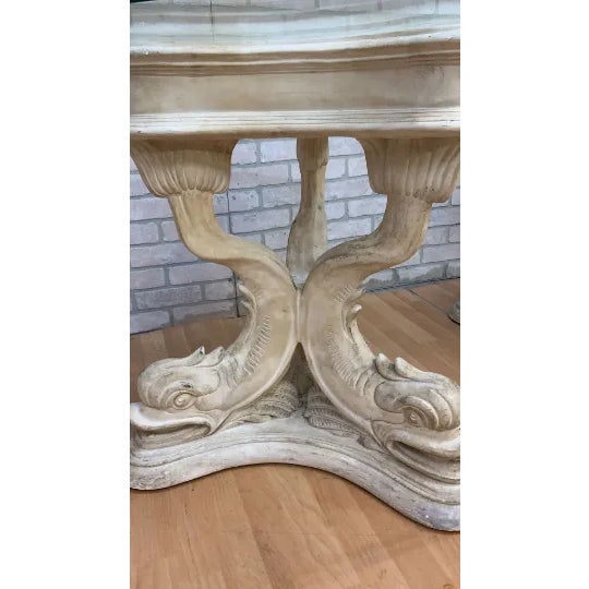 Late 20th Century Vintage Neoclassical Faux-Stone Dolphin Pedestal Table With Glass Top For Sale - Image 5 of 11
