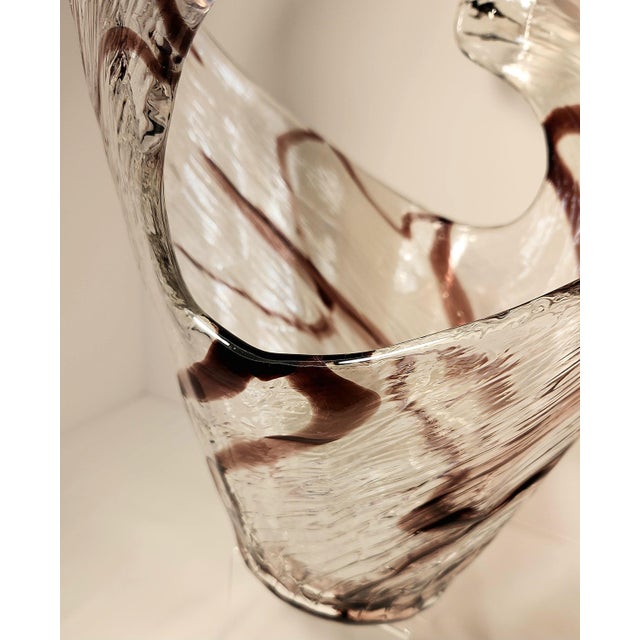 1980s Vintage Murano Wave Vase | Oxblood Brown Ribbons, Mid-Century Italian Sculptural Glass Centerpiece For Sale - Image 5 of 12