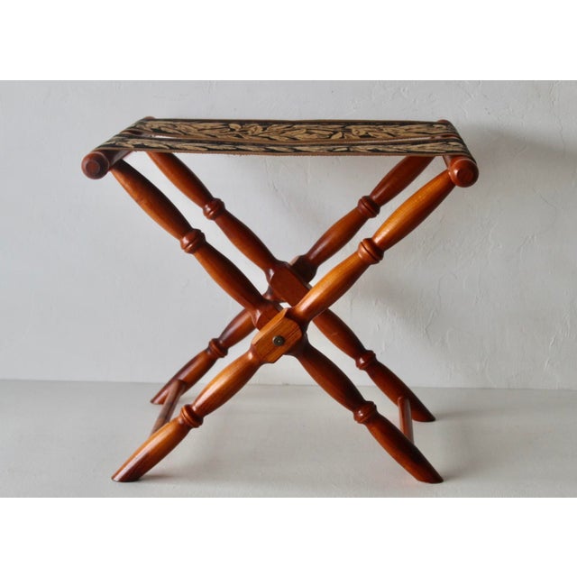 Vintage French Beechwood and Tapestry Folding Luggage Rack Nailhead Detail For Sale - Image 10 of 18