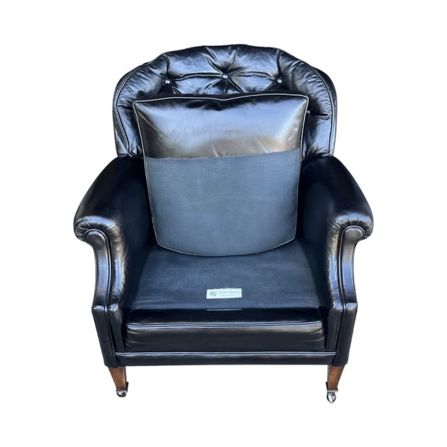 Vintage English Black Leather Club Chair With Tufted Back & Casters For Sale - Image 11 of 12