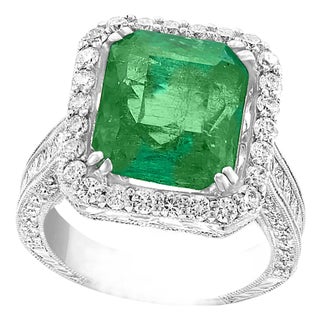 8 Carat Emerald Cut Colombian Emerald and Diamond 18 Karat Gold Ring Estate For Sale