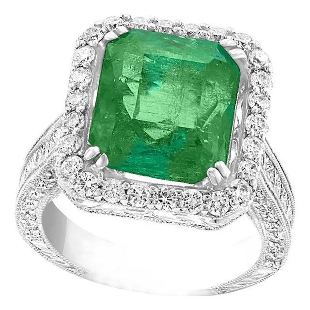 8 Carat Emerald Cut Colombian Emerald and Diamond 18 Karat Gold Ring Estate For Sale