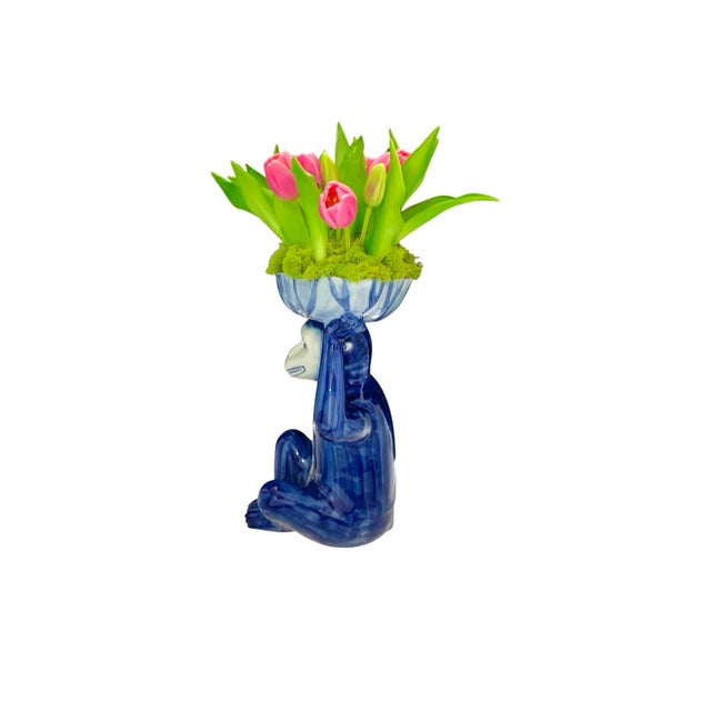 Monkey Sculpture Large Porcelain With Faux Tulips Vintage Chinoiserie Decor For Sale - Image 4 of 8