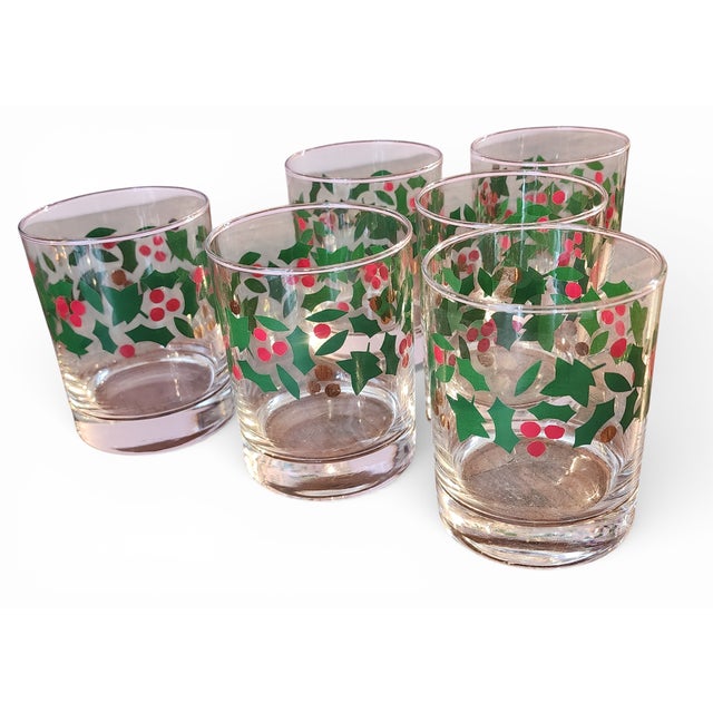 Glass Set 6 Christmas Themed Holly Berry Holiday Glass Old Fashioned Rocks Glasses ~ Crate & Barrel For Sale - Image 7 of 7