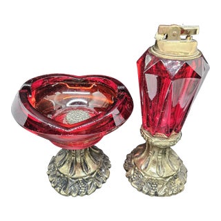 Vintage L&l Wmc 1973 Lighter and Ashtray on Ruby Red Glass. For Sale