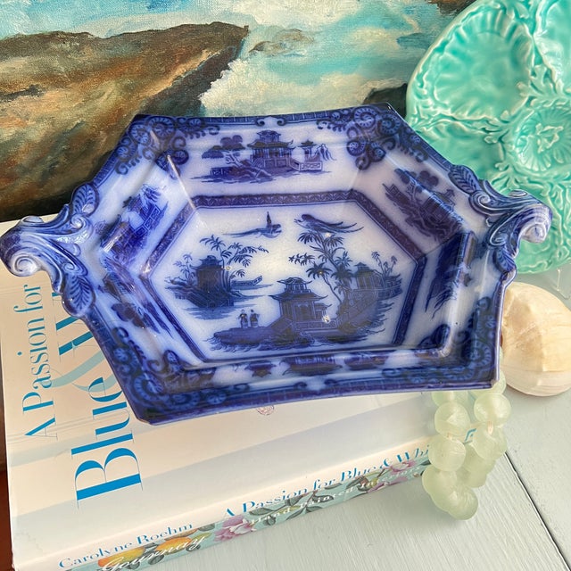 Clementson Brothers Antique Flow Blue Hexagon Rimmed Pedestal Bowl For Sale - Image 4 of 18