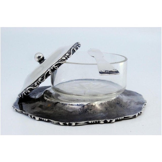 Silver Butter Dish in Embossed Silver with Cut Glass Core, Knob Lid and Knife For Sale - Image 8 of 9