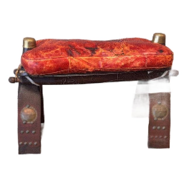 Moroccan Vintage Leather Saddle Footstool – Handcrafted & Tooled For Sale